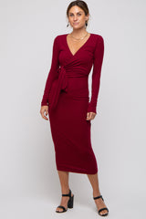 Burgundy Ribbed Long Sleeve Wrap Dress