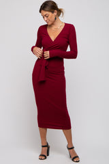 Burgundy Ribbed Long Sleeve Maternity Wrap Dress