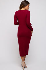 Burgundy Ribbed Long Sleeve Maternity Wrap Dress