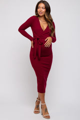 Burgundy Ribbed Long Sleeve Maternity Wrap Dress