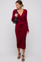 Burgundy Ribbed Long Sleeve Wrap Dress