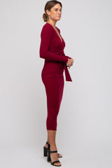 Burgundy Ribbed Long Sleeve Wrap Dress