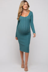 Teal Long Sleeve Knit Maternity Sweater Dress