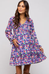 Royal Blue Floral Smocked V-Neck Maternity Dress