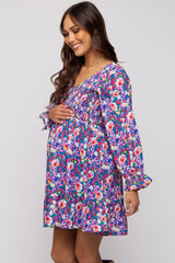 Royal Blue Floral Smocked V-Neck Maternity Dress