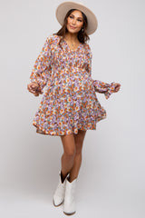 Brown Floral Smocked V-Neck Maternity Dress