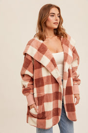 Mauve Plaid Hooded Cardigan