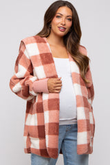 Mauve Plaid Maternity Hooded Cardigan