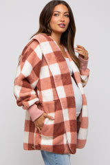 Mauve Plaid Maternity Hooded Cardigan