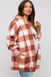 Mauve Plaid Maternity Hooded Cardigan