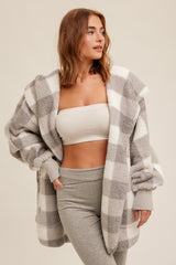 Grey Plaid Hooded Cardigan