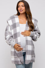 Grey Plaid Maternity Hooded Cardigan