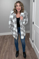 Grey Plaid Hooded Cardigan