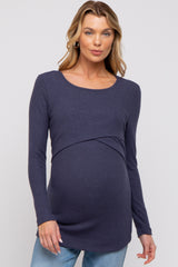 Navy Ribbed Crossover Maternity/Nursing Top