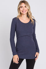 Navy Ribbed Crossover Maternity/Nursing Top