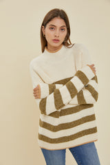 Olive Striped Color Block Mock Neck Sweater