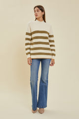 Olive Striped Color Block Mock Neck Maternity Sweater