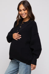 Black Half Button Up Maternity Sweater