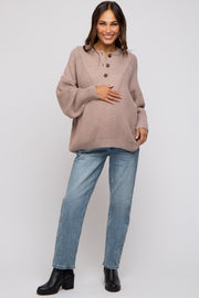 Beige Half Button Up Maternity Sweater