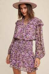 Violet Floral Print Ruffle Smocked Dress