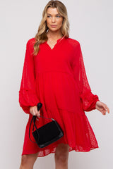 Red Swiss Dot Chiffon Tiered Maternity Dress