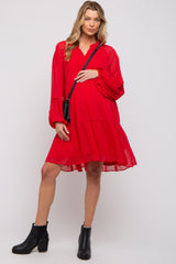 Red Swiss Dot Chiffon Tiered Maternity Dress