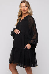 Black Swiss Dot Chiffon Tiered Maternity Dress