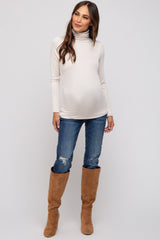 Beige Ribbed Maternity Turtleneck Top