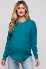 Teal Waffle Knit Round Hem Maternity Sweater