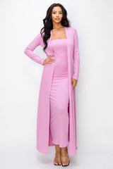 Pink Ribbed Sleeveless Dress Cardigan Maternity Set