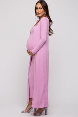 Pink Ribbed Sleeveless Dress Cardigan Maternity Set