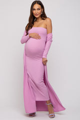 Pink Ribbed Sleeveless Dress Cardigan Maternity Set