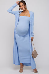 Light Blue Ribbed Sleeveless Dress Cardigan Maternity Set