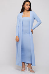 Light Blue Ribbed Sleeveless Dress Cardigan Maternity Set