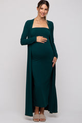 Forest Green Ribbed Sleeveless Dress Cardigan Maternity Set