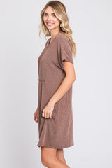 Taupe Ribbed Front Pocket Dolman Short Sleeve Dress