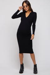 Black Ribbed Knit Fitted Maternity Dress