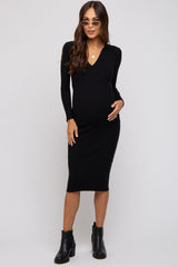 Black Ribbed Knit Fitted Maternity Dress