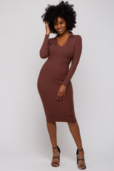 Brown Ribbed Knit Fitted Maternity Dress