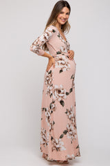 Light Pink Floral Wrap Maternity Maxi Dress