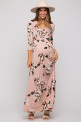 Light Pink Floral Wrap Maternity Maxi Dress