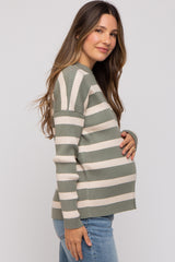 Olive Striped Ribbed Long Sleeve Maternity Top