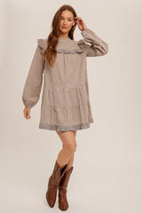 Taupe Ruffle Trim Tiered Skirt Mini Dress