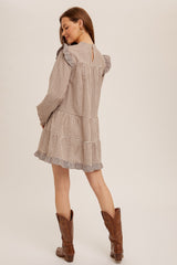 Taupe Ruffle Trim Tiered Skirt Mini Dress