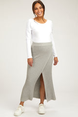 Gray Ribbed Knit Wrap Maternity Maxi Skirt