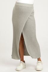 Gray Ribbed Knit Wrap Maternity Maxi Skirt