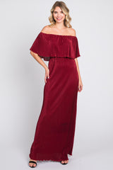 Burgundy Pleated Ruffle Off Shoulder Maternity Maxi Dress