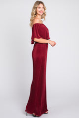 Burgundy Pleated Ruffle Off Shoulder Maxi Dress