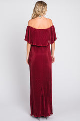 Burgundy Pleated Ruffle Off Shoulder Maxi Dress