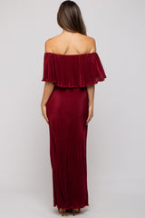 Burgundy Pleated Ruffle Off Shoulder Maternity Maxi Dress